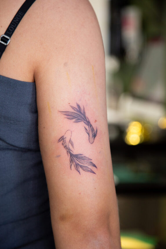 Fineline tatovering af to koi-fisk på overarm