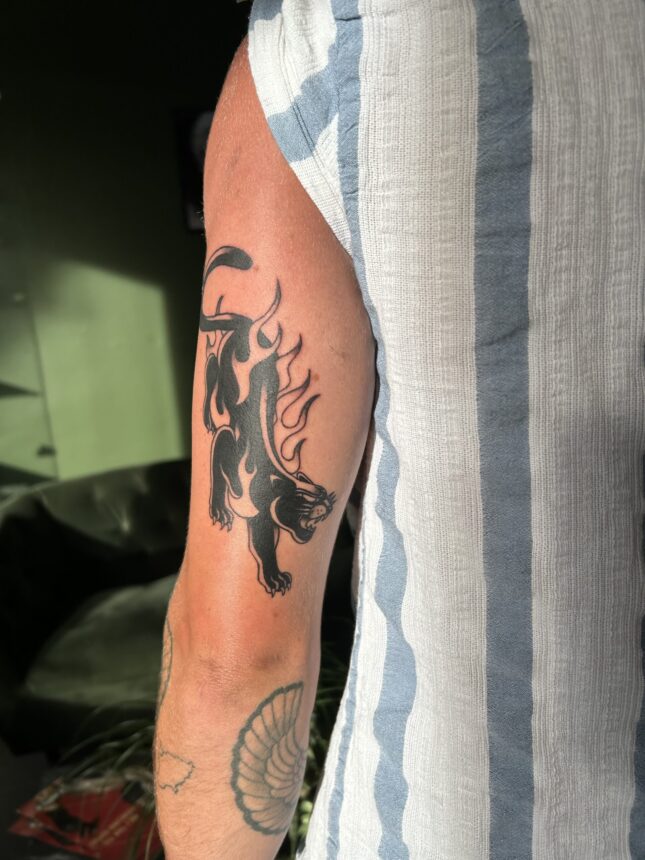 Sort panter tatovering på overarm i sollys